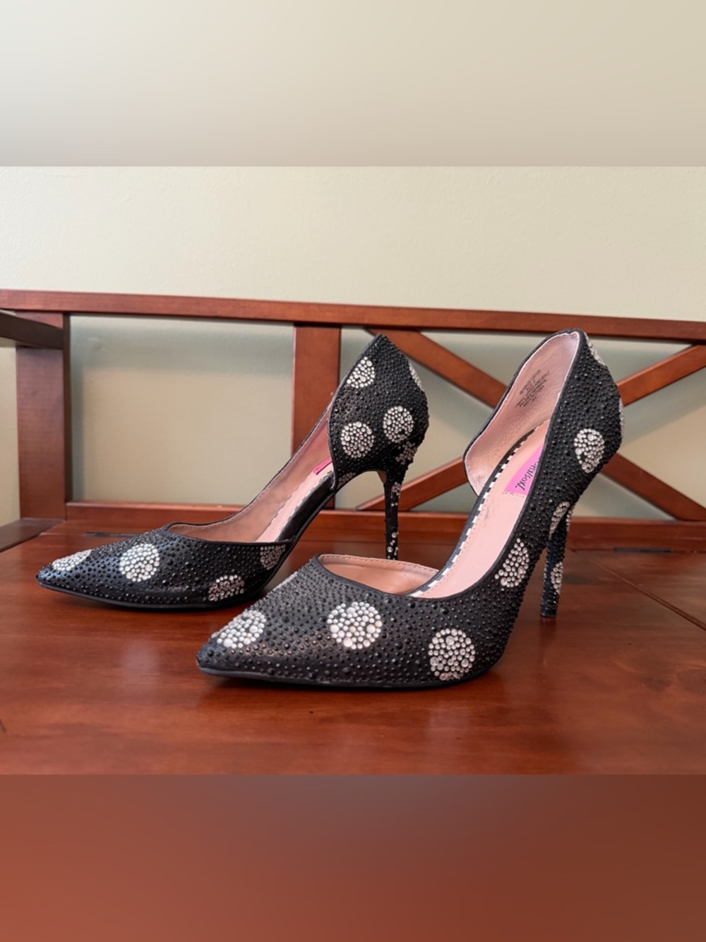 Betsey Johnson Black Rhinestone Polka Dot Pointed D'Orsay Pumps - Picture 3 of 6
